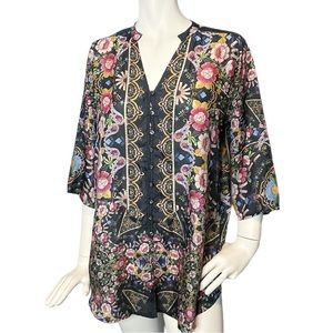 Johnny Was Corin Floral Print Button-Down Silk Top small 3/4 Quarter Sleeve